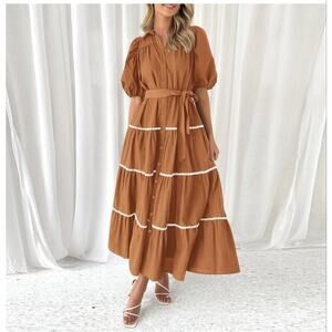 NWOT Pretty Garden Button Down Dress Tiered Ruffle Flowy Maxi Dress Size Large